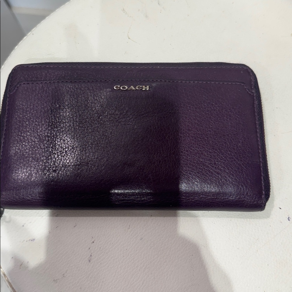 COACH Purple Pebbled Leather Zip-Around Wallet with Gold Logo